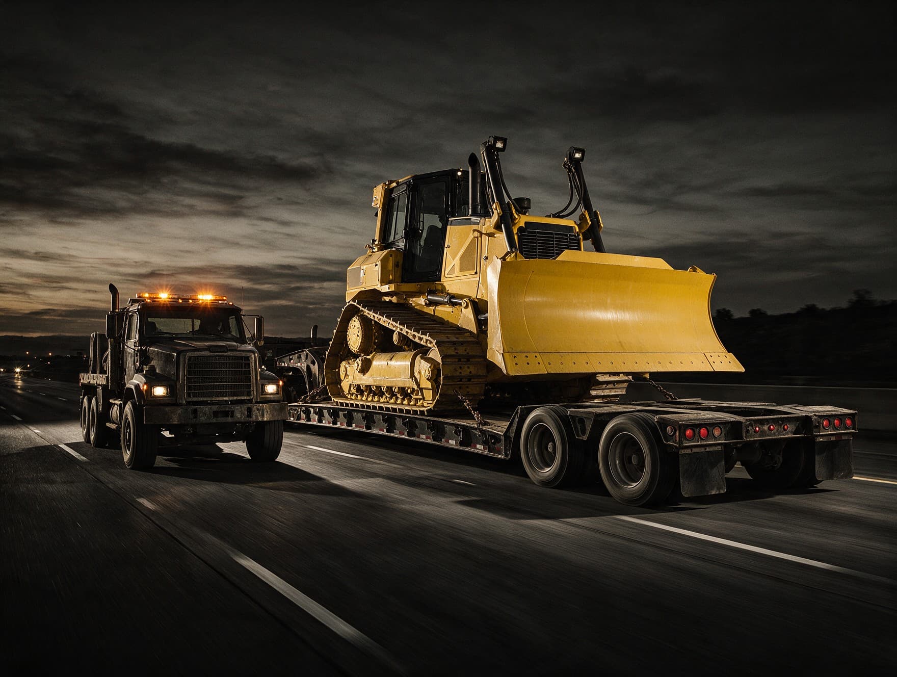 Heavy equipment on a lowboy trailer