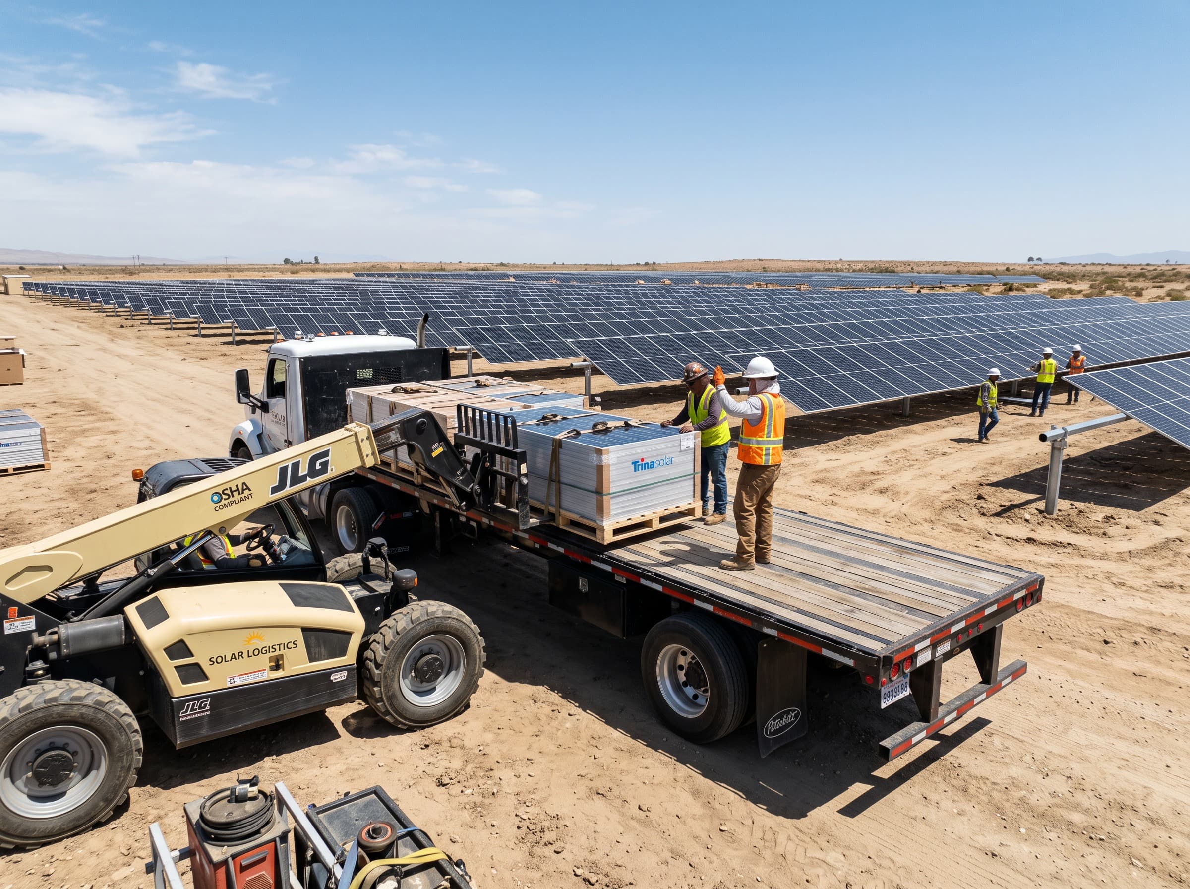 Solar modules on a flatbed at a solar farm
