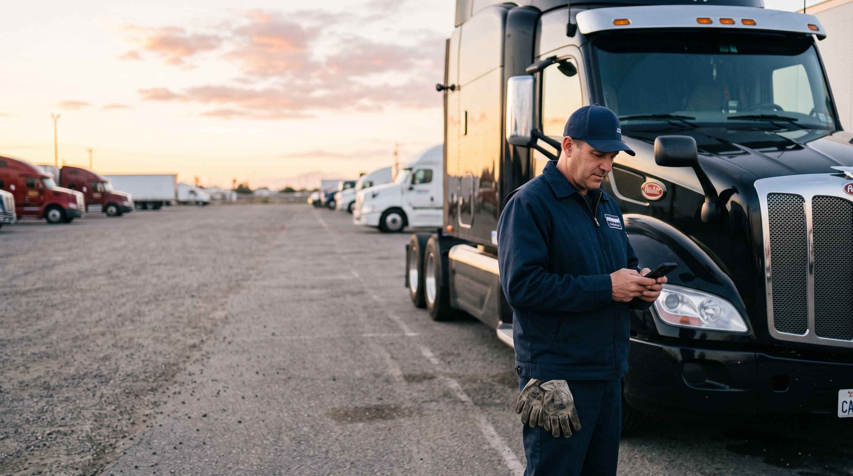 Driver in a blue uniform next to his truck