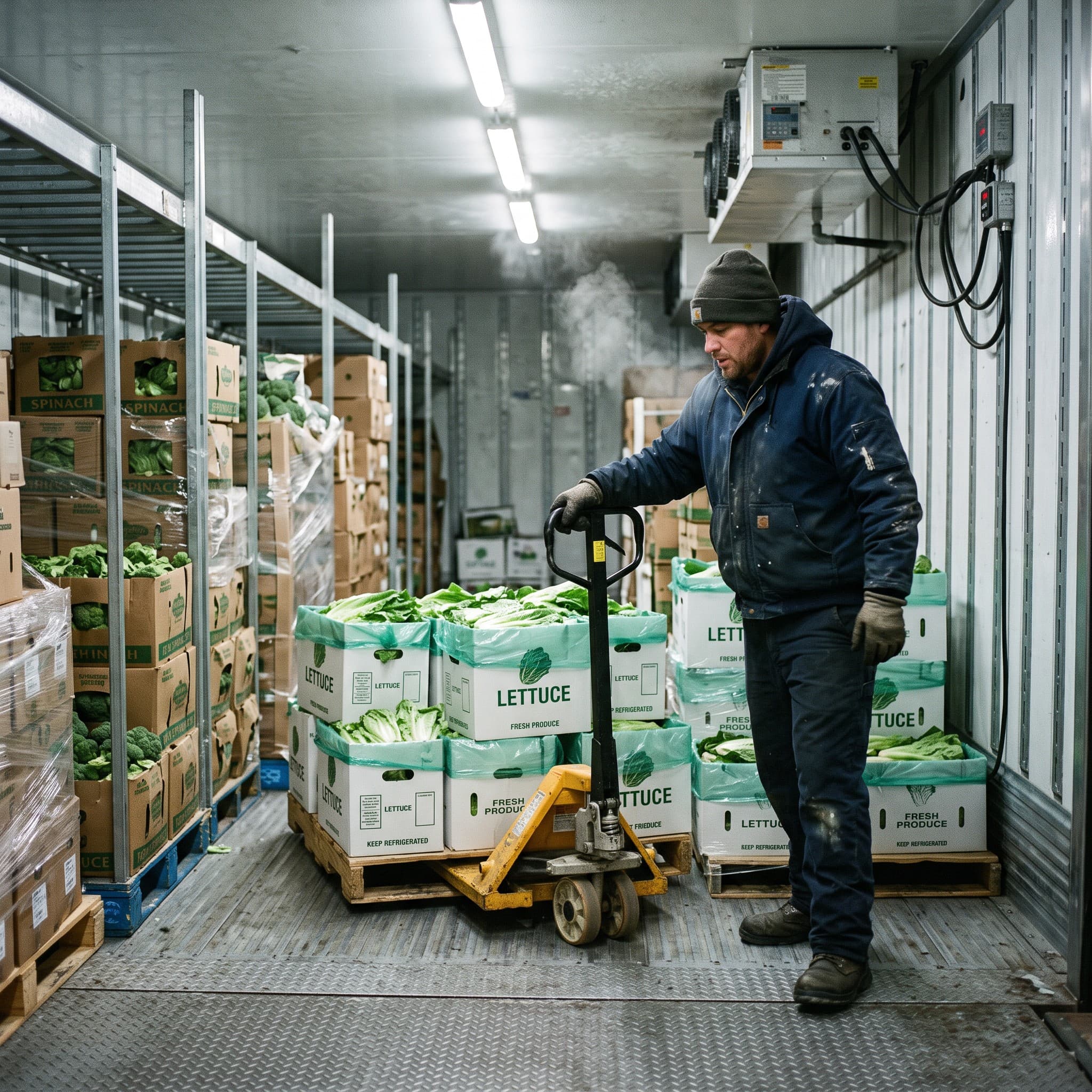 Reefer truck by a produce field